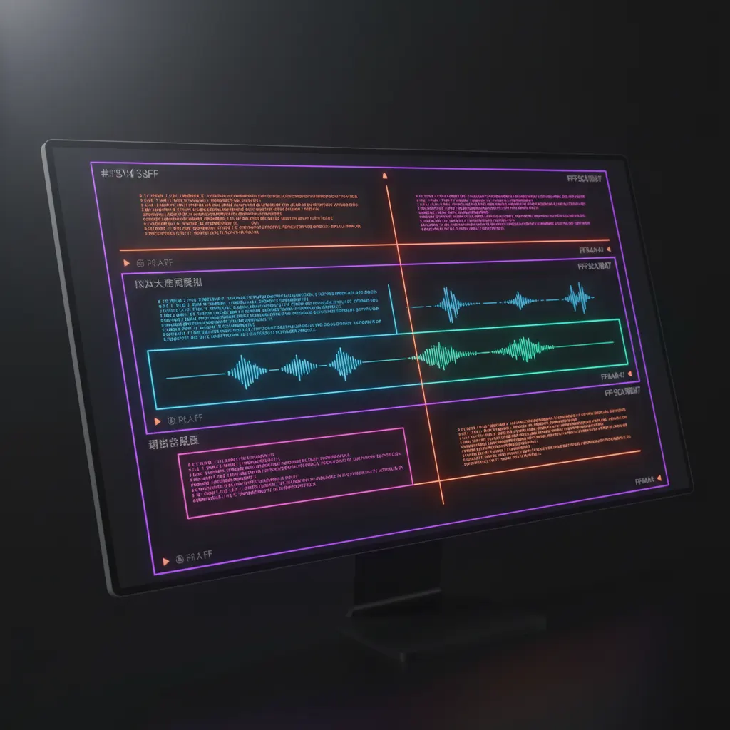 Burbujas de diálogo superpuestas con ondas de audio brillantes sobre fondo oscuro