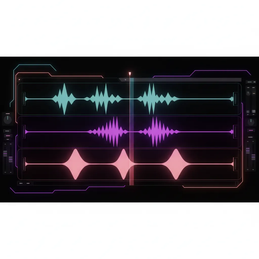 Ondas de audio multipista brillantes sobre fondo oscuro