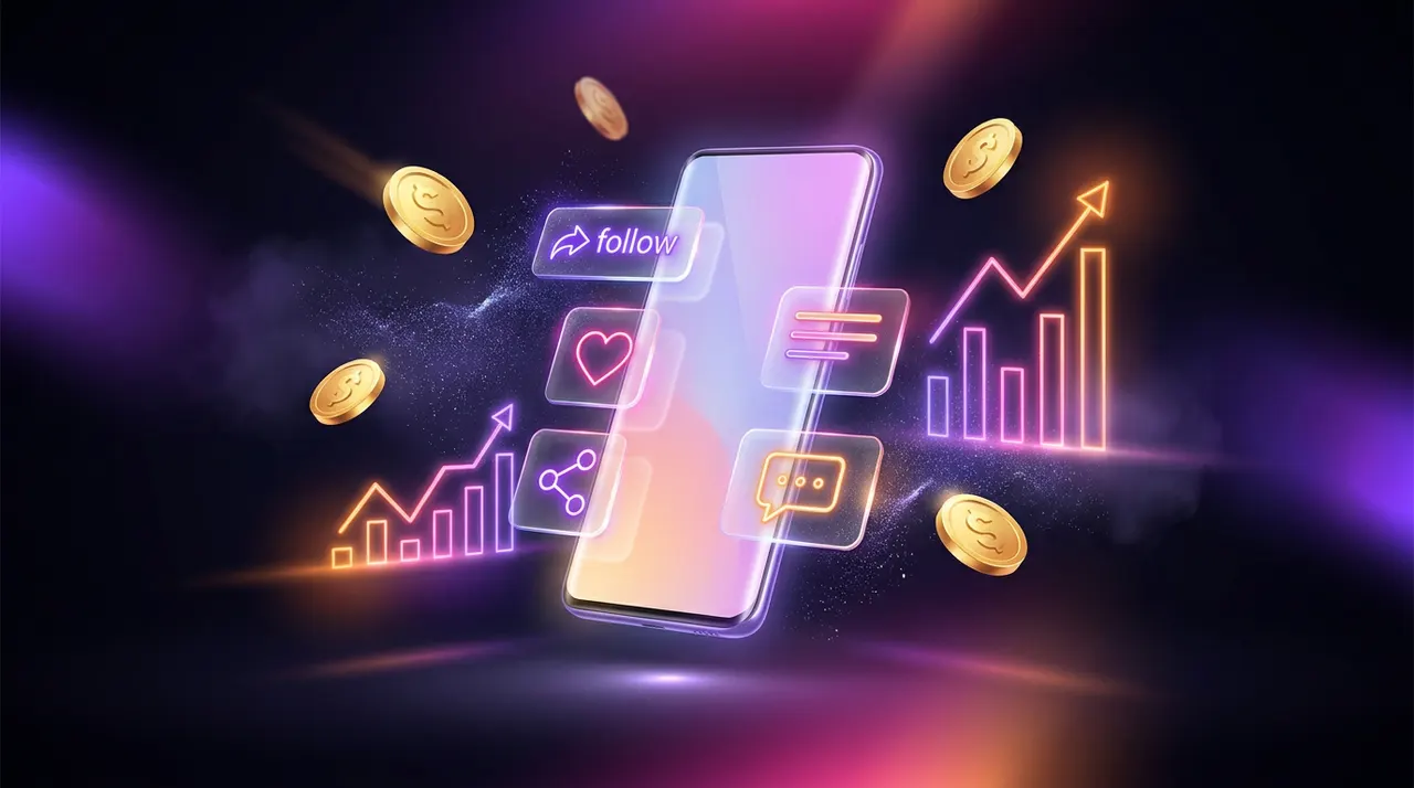 Smartphone con gráfico financiero ascendente e iconos de redes sociales flotando