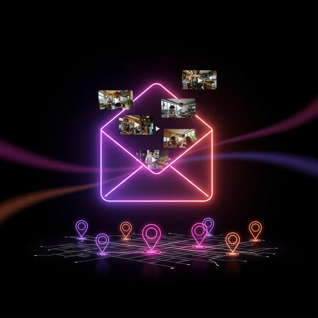 Sobre de correo electrónico brillante mostrando un botón de reproducción de video vertical