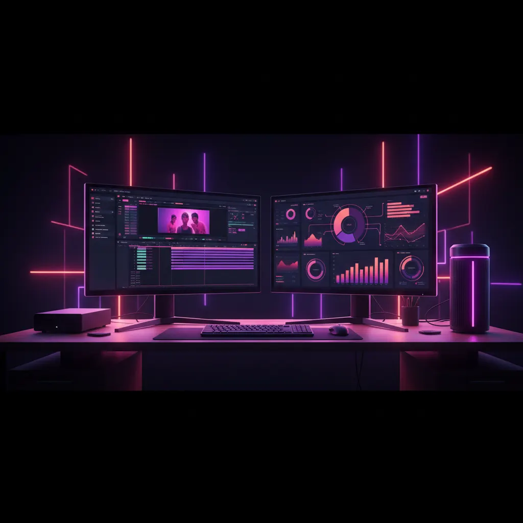 Portátil mostrando líneas de tiempo de edición de video y métricas corporativas