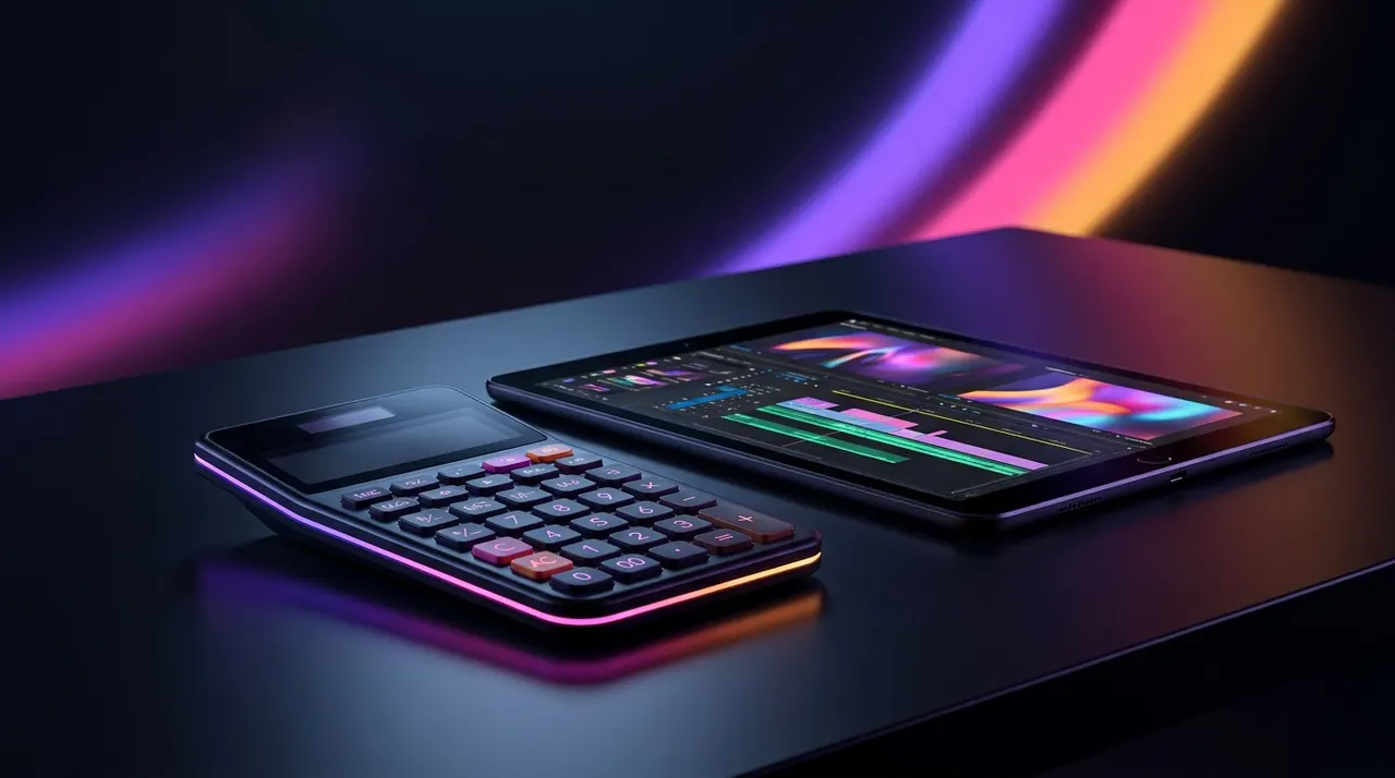 Calculadora y línea de tiempo de vídeo sobre fondo oscuro con luces neón