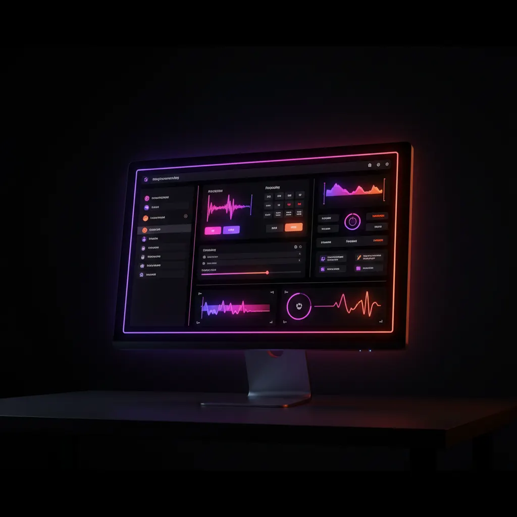Monitor con software de grabación y edición en un entorno oscuro de estudio