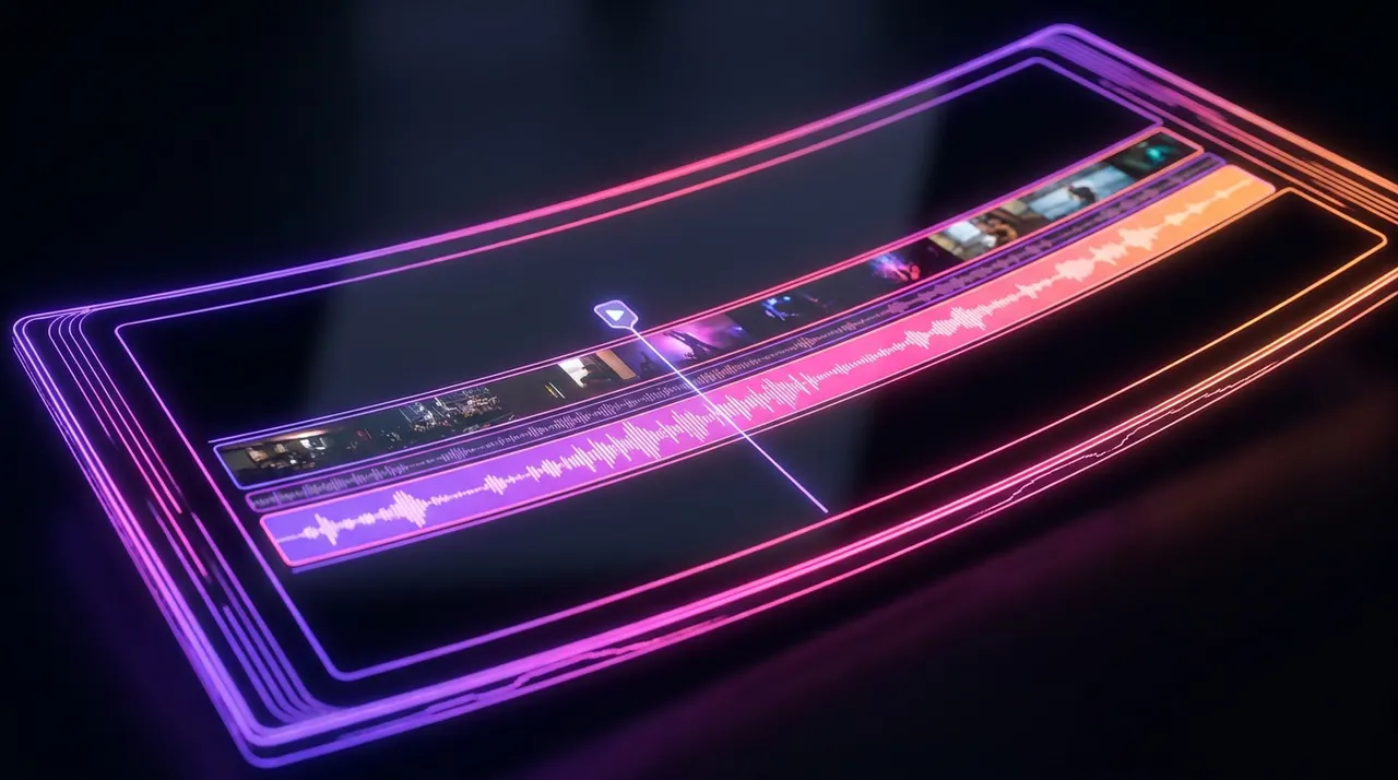 Ondas de audio brillantes fusionándose con una tira de película digital