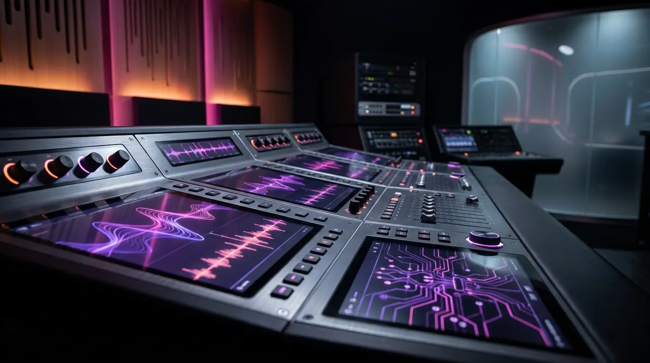 Ondas de audio brillantes y botón de reproducción en fondo oscuro