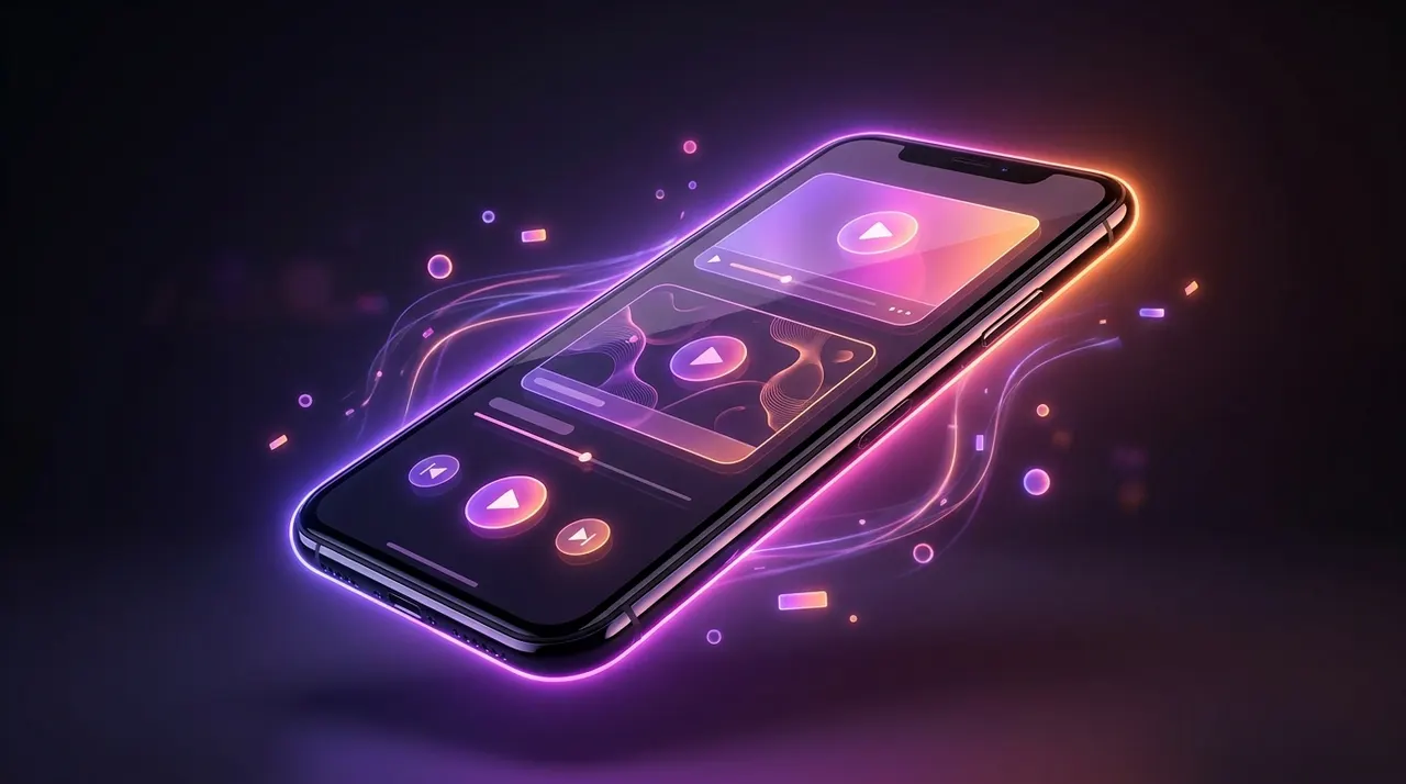 Smartphone mostrando una interfaz de software con luces de neón púrpuras y naranjas.