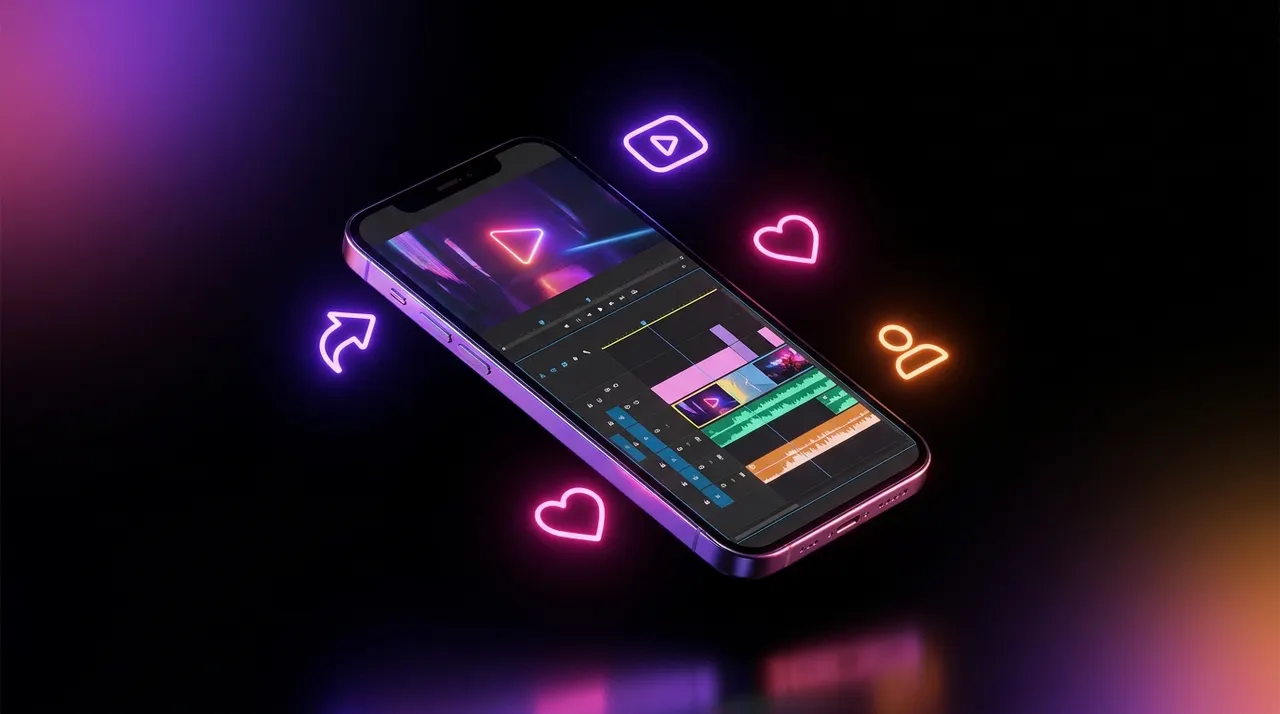 Smartphone en trípode mostrando una línea de tiempo de edición vertical