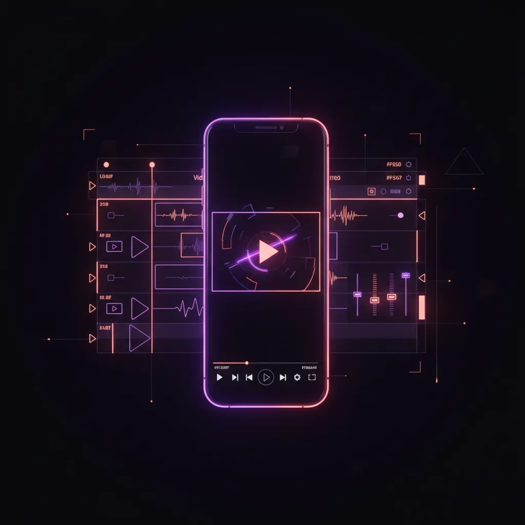 Teléfono con vídeo vertical iluminado por luces de neón moradas y naranjas.
