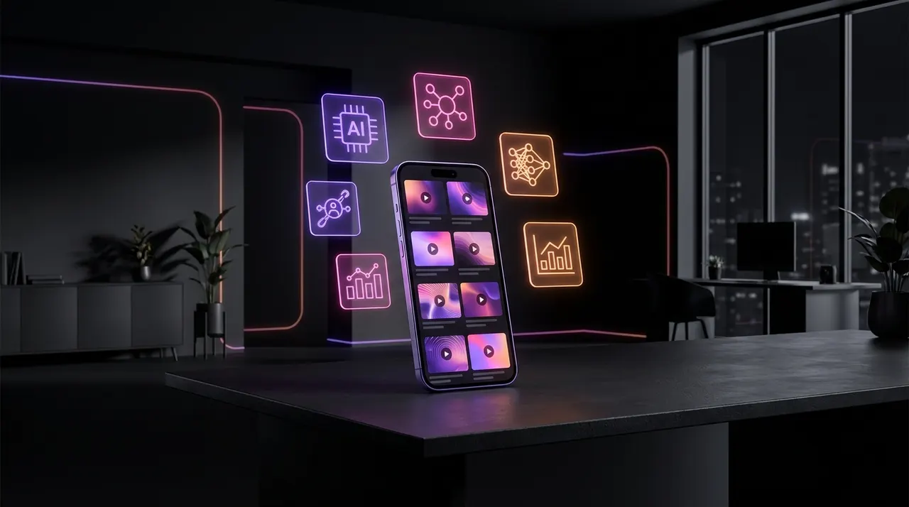 Teléfono inteligente mostrando interfaz de edición de video vertical con tonos neón
