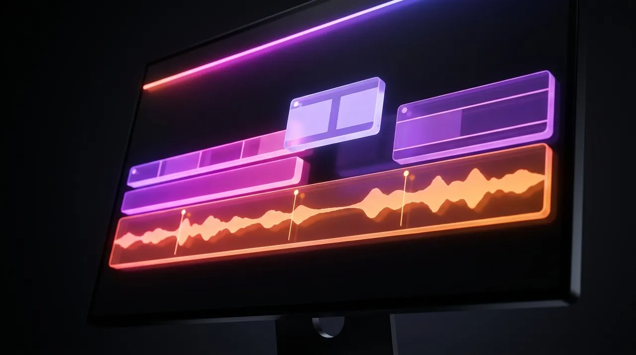 Interfaz digital de edición de video con línea de tiempo y colores neón