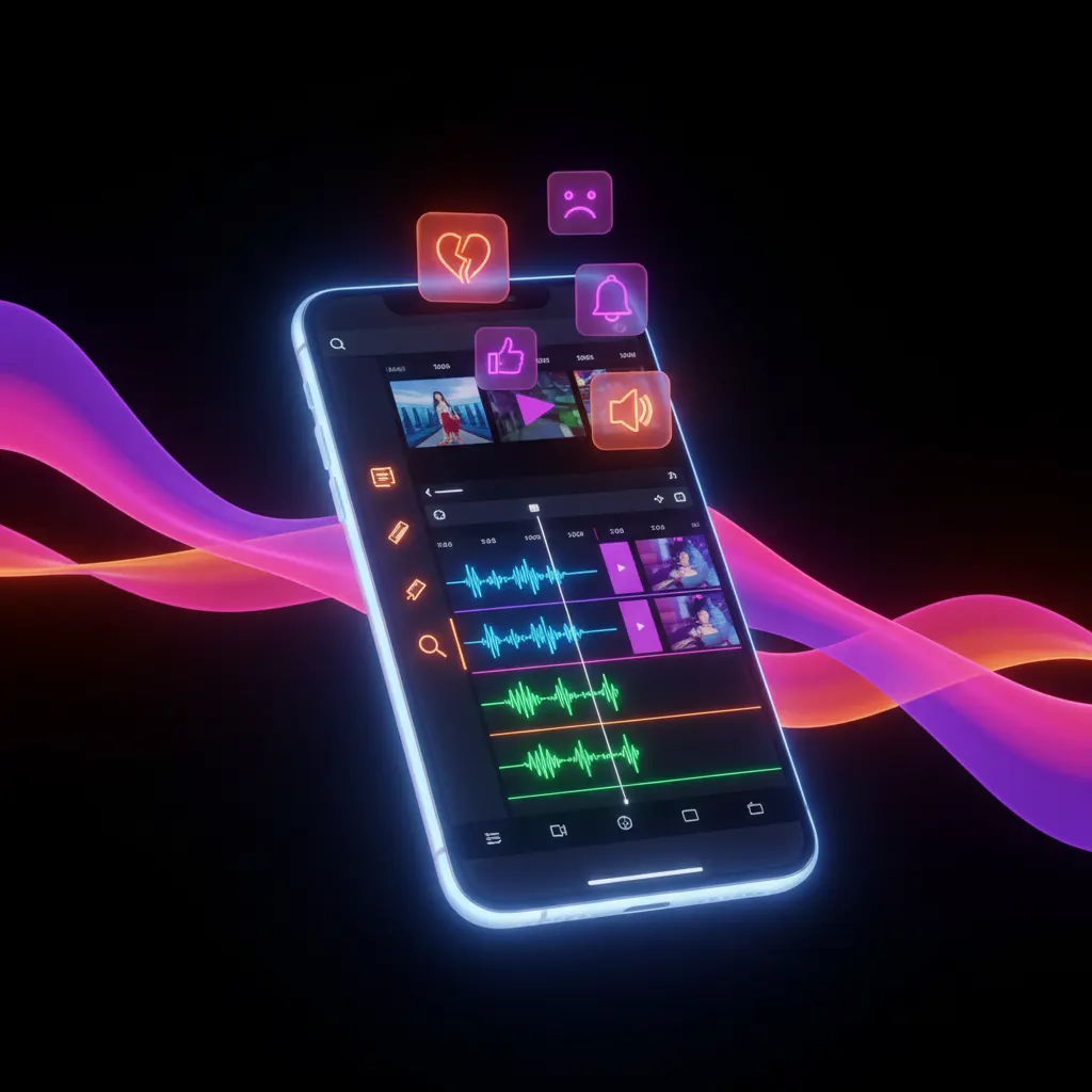 Smartphone filtrando clips de vídeo con luces de neón moradas y naranjas