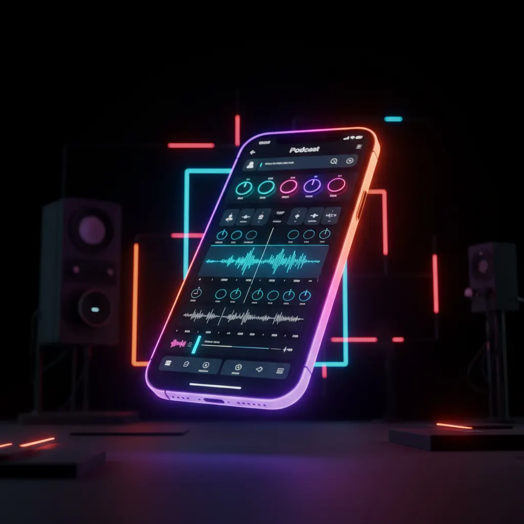 Teléfono con micrófono de podcast protegido por escudos digitales de neón