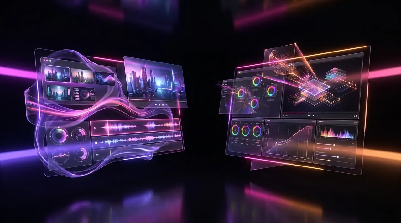 Dos líneas de tiempo de edición de video futuristas brillando en neón.