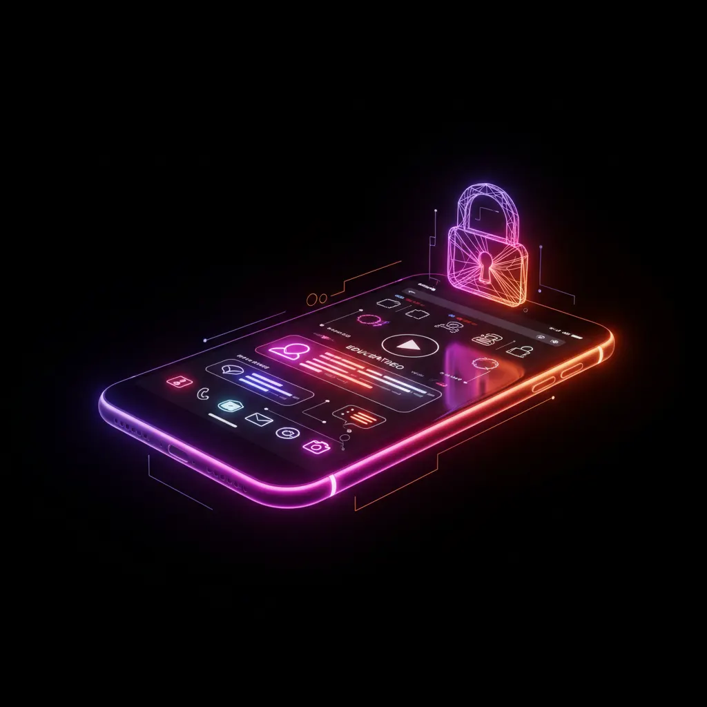 Smartphone iluminado con un candado digital sobre fondo oscuro con tonos neón
