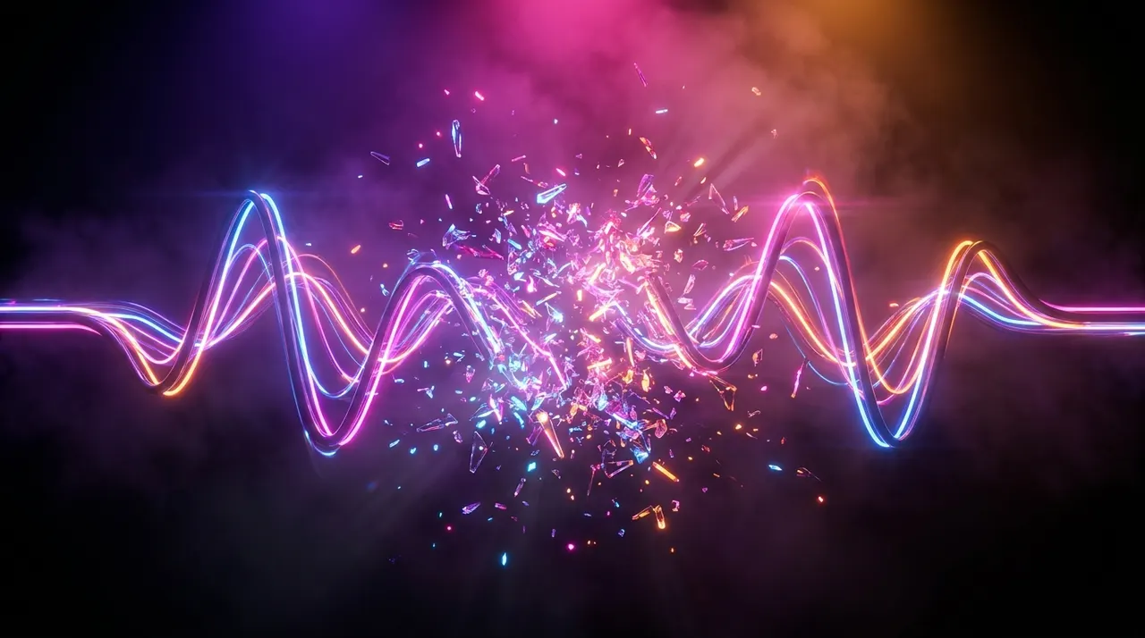 Pantalla dividida con símbolos de reproducción y ondas de sonido en neón