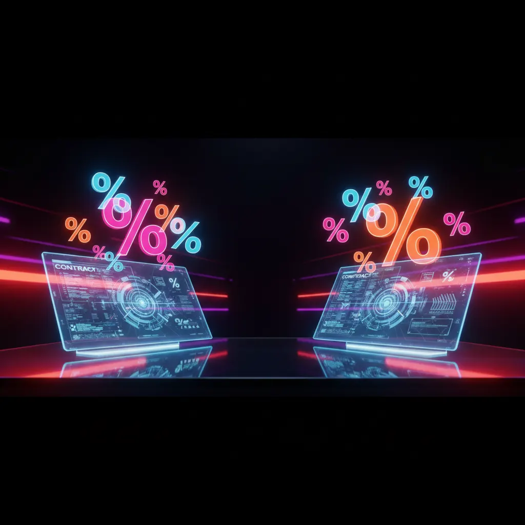 Manos estrechándose sobre un contrato digital brillante con gráficos de datos