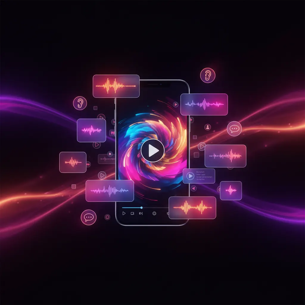 Teléfono inteligente mostrando subtítulos claros con iconos de accesibilidad en fondo oscuro
