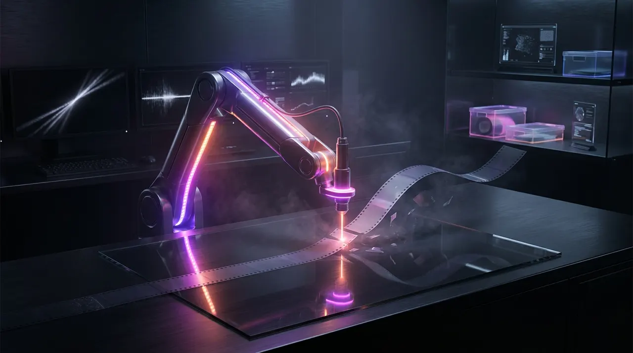 Ilustración 3D de procesamiento de vídeo con inteligencia artificial en tonos neón