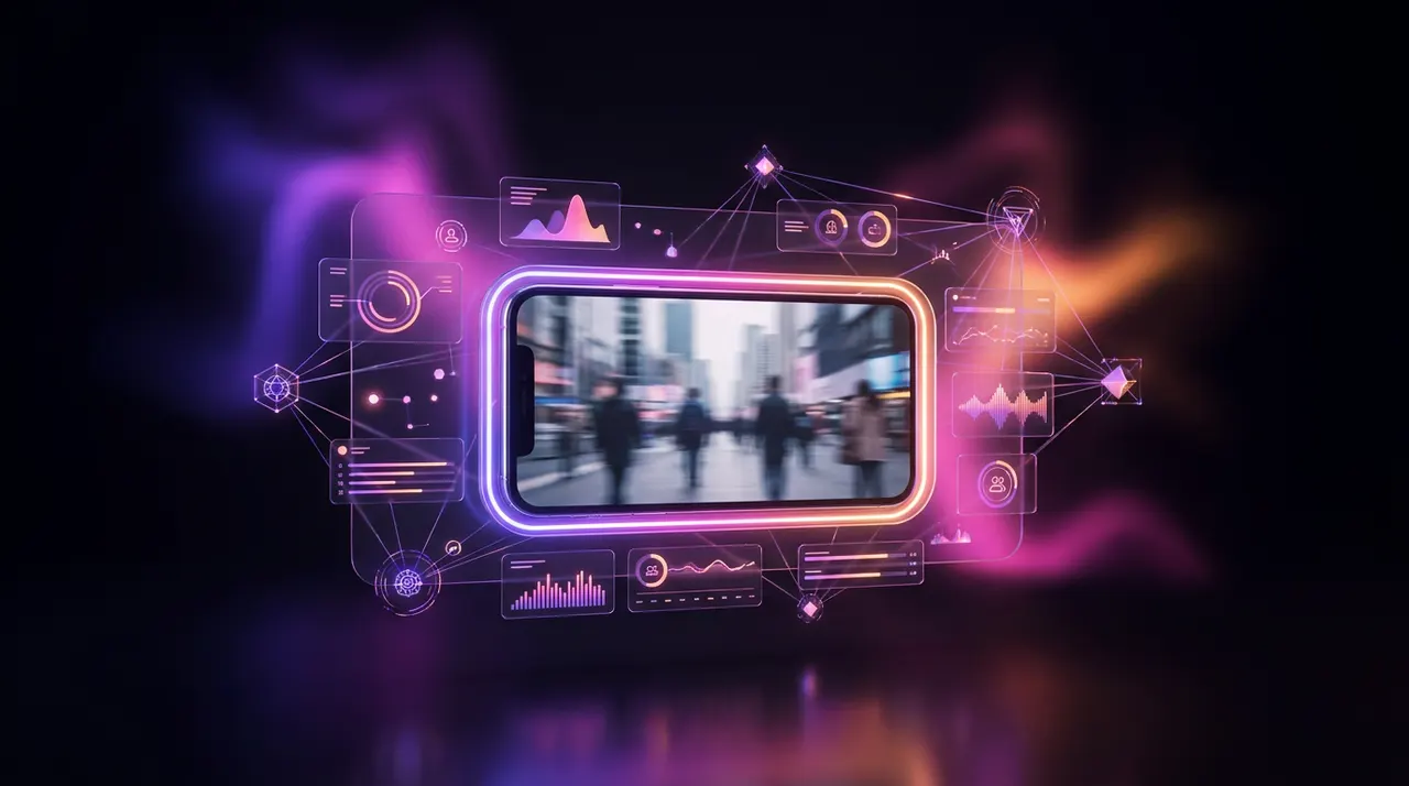 Nodos de datos brillantes representando el análisis de vídeo con inteligencia artificial