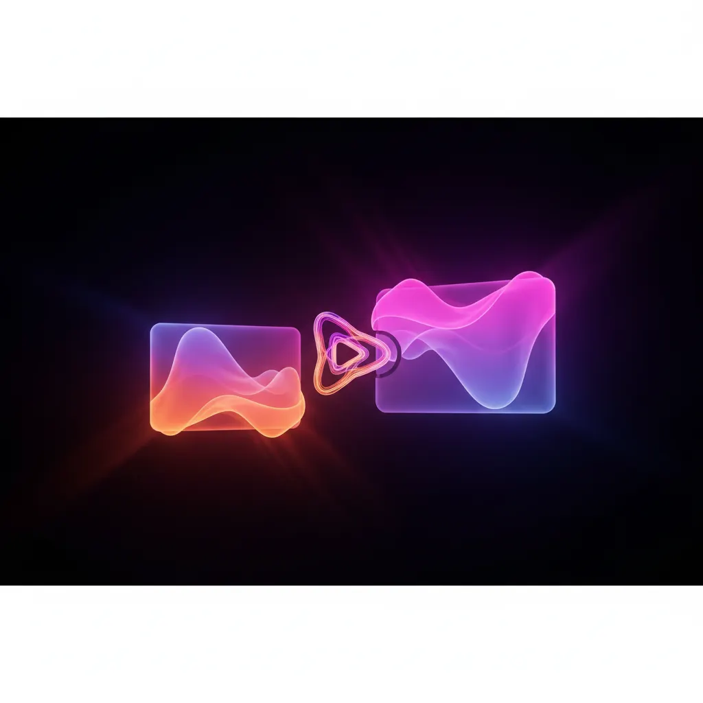 Interfaz de smartphone iluminada con un botón de reproducción flotante en tonos neón.