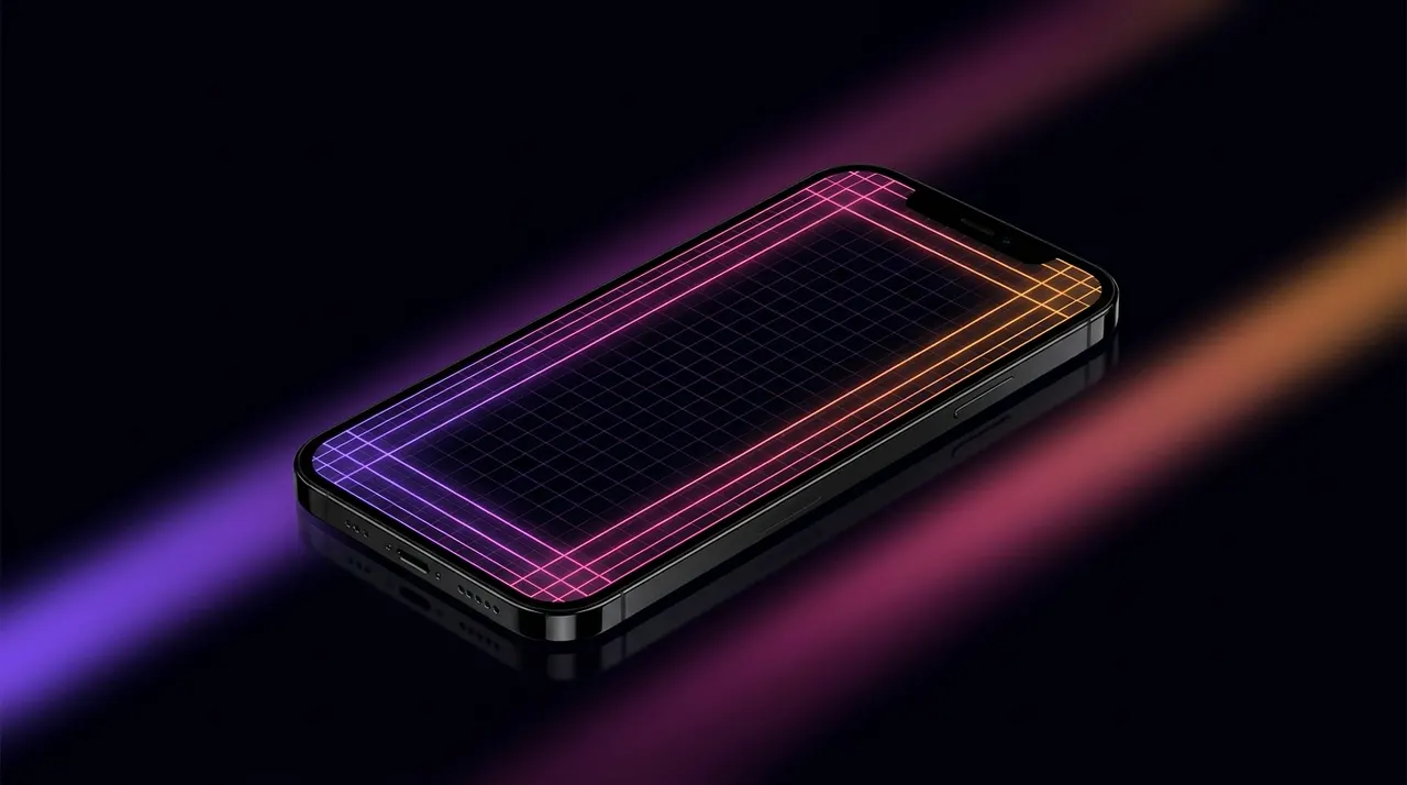 Teléfono vertical con cuadrícula de safe zones iluminada en neón
