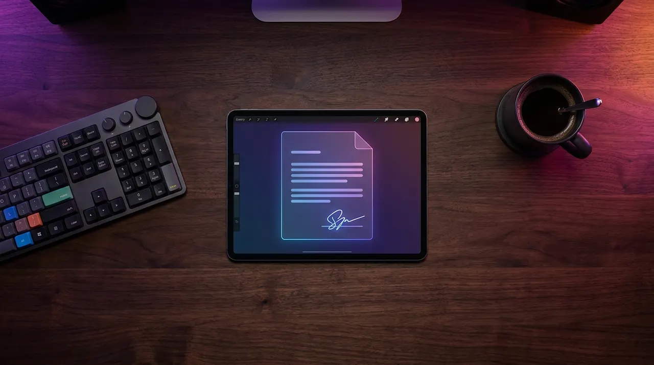 Tableta digital mostrando un contrato junto a elementos de edición de video