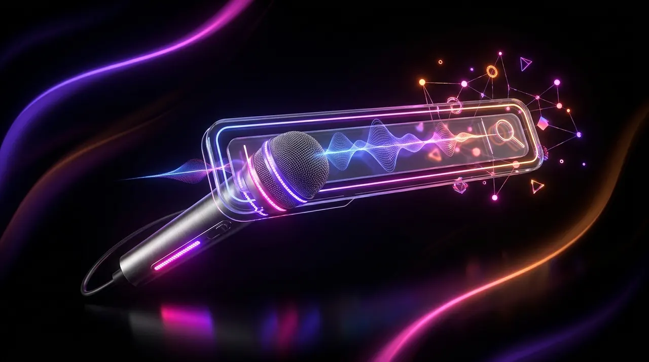 Micrófono brillante con ondas de sonido y barra de búsqueda en fondo oscuro